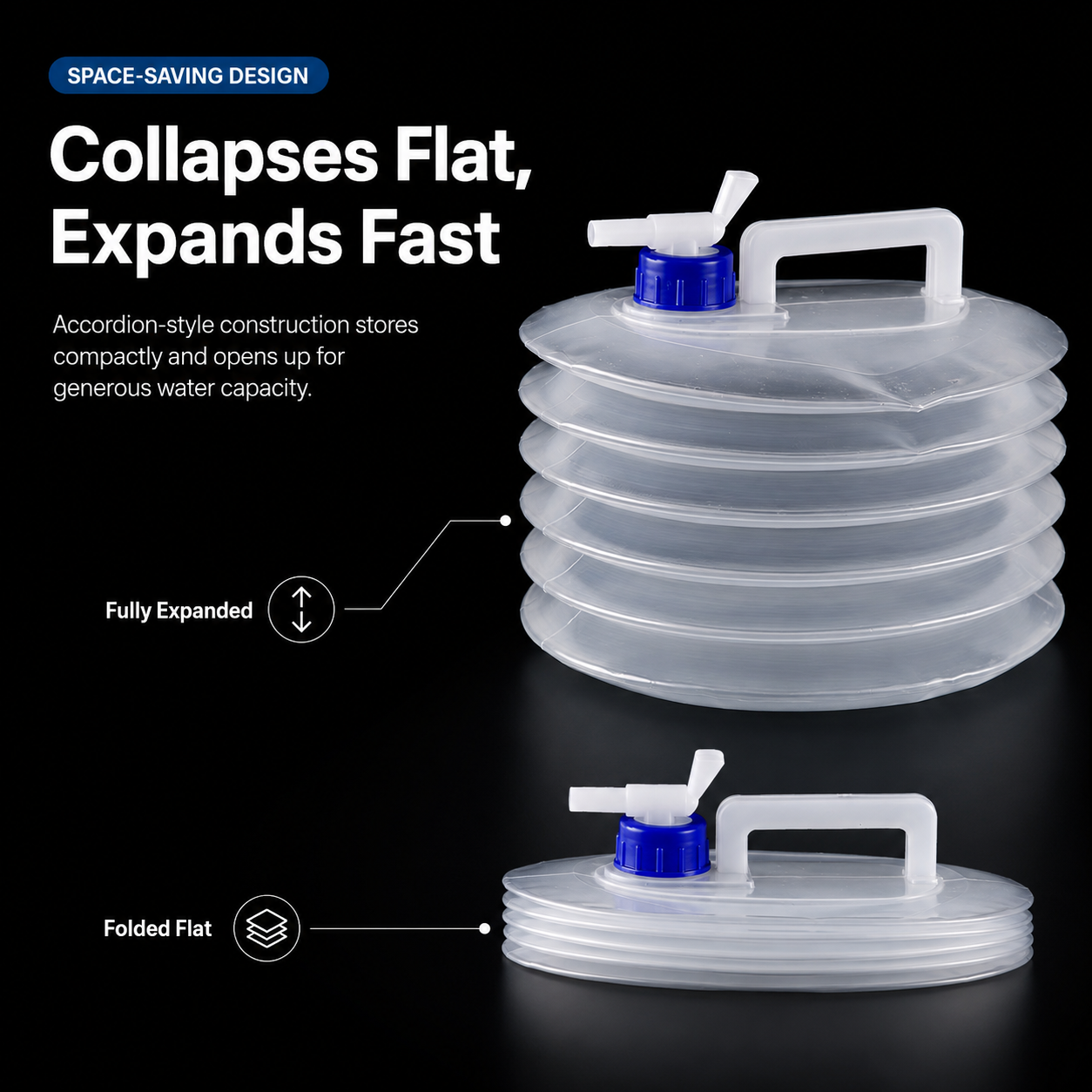 Pack-Flat Collapsible Water Container with Built-In Top Spigot